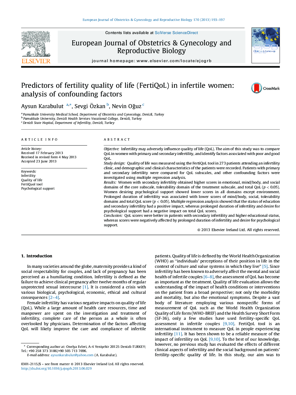 Predictors of fertility quality of life (FertiQoL) in infertile women: analysis of confounding factors