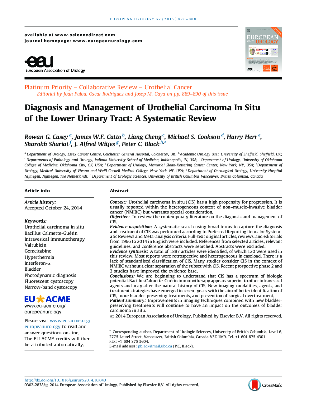 Diagnosis and Management of Urothelial Carcinoma In Situ of the Lower Urinary Tract: A Systematic Review 