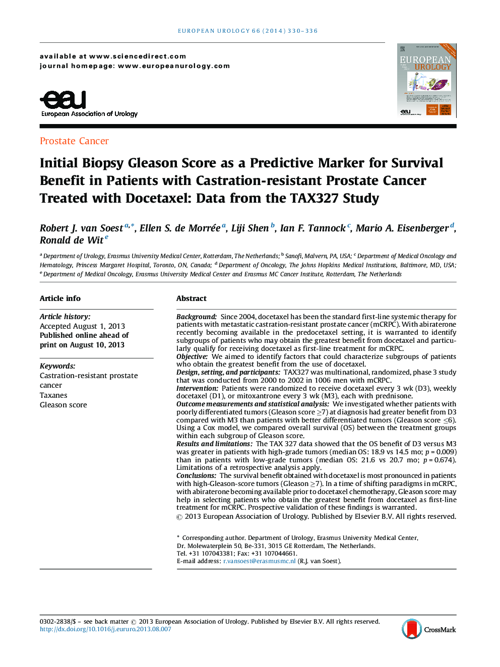 Initial Biopsy Gleason Score as a Predictive Marker for Survival Benefit in Patients with Castration-resistant Prostate Cancer Treated with Docetaxel: Data from the TAX327 Study