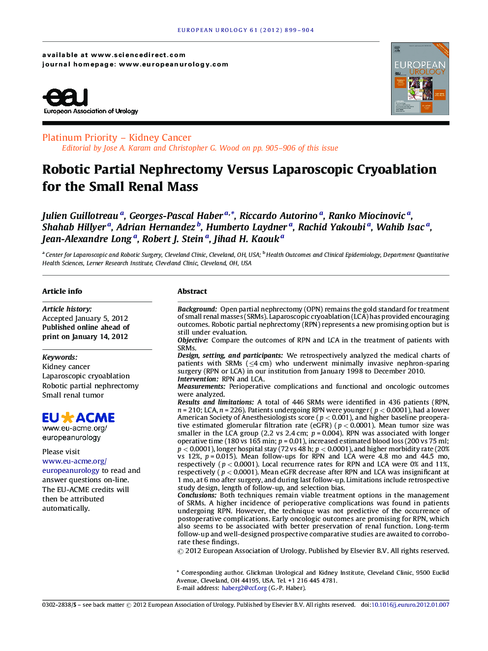 Robotic Partial Nephrectomy Versus Laparoscopic Cryoablation for the Small Renal Mass 