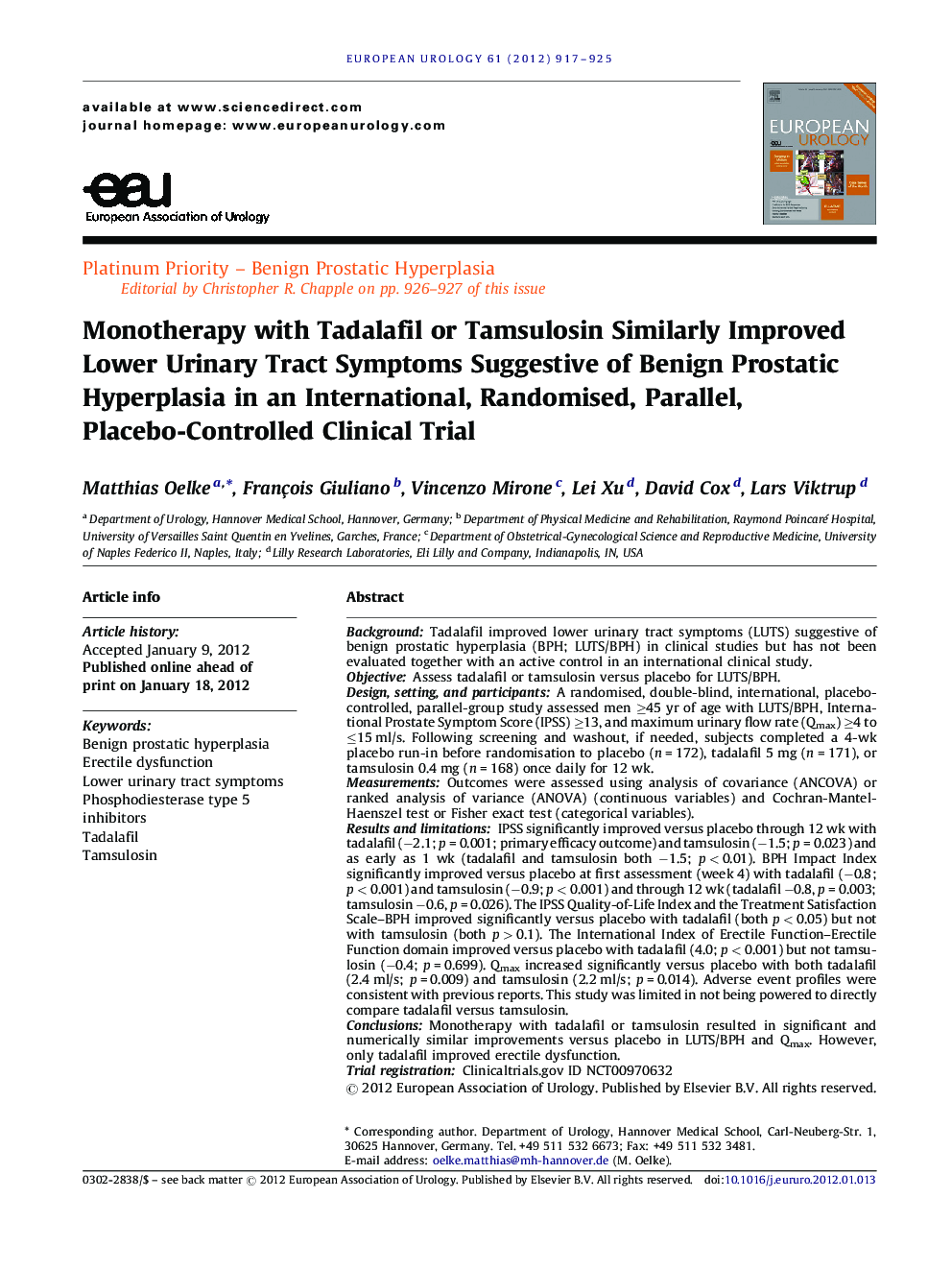 Monotherapy with Tadalafil or Tamsulosin Similarly Improved Lower Urinary Tract Symptoms Suggestive of Benign Prostatic Hyperplasia in an International, Randomised, Parallel, Placebo-Controlled Clinical Trial