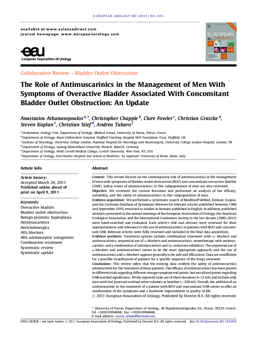 The Role of Antimuscarinics in the Management of Men With Symptoms of Overactive Bladder Associated With Concomitant Bladder Outlet Obstruction: An Update