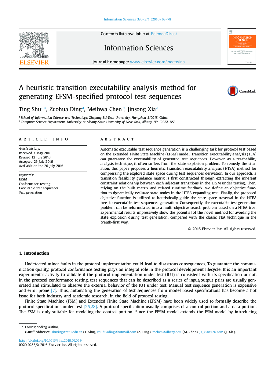 روش تجزیه و تحلیل قابلیت اجرایی اکتشافی انتقالی برای ایجاد توالی آزمون پروتکل EFSM تعیین شده