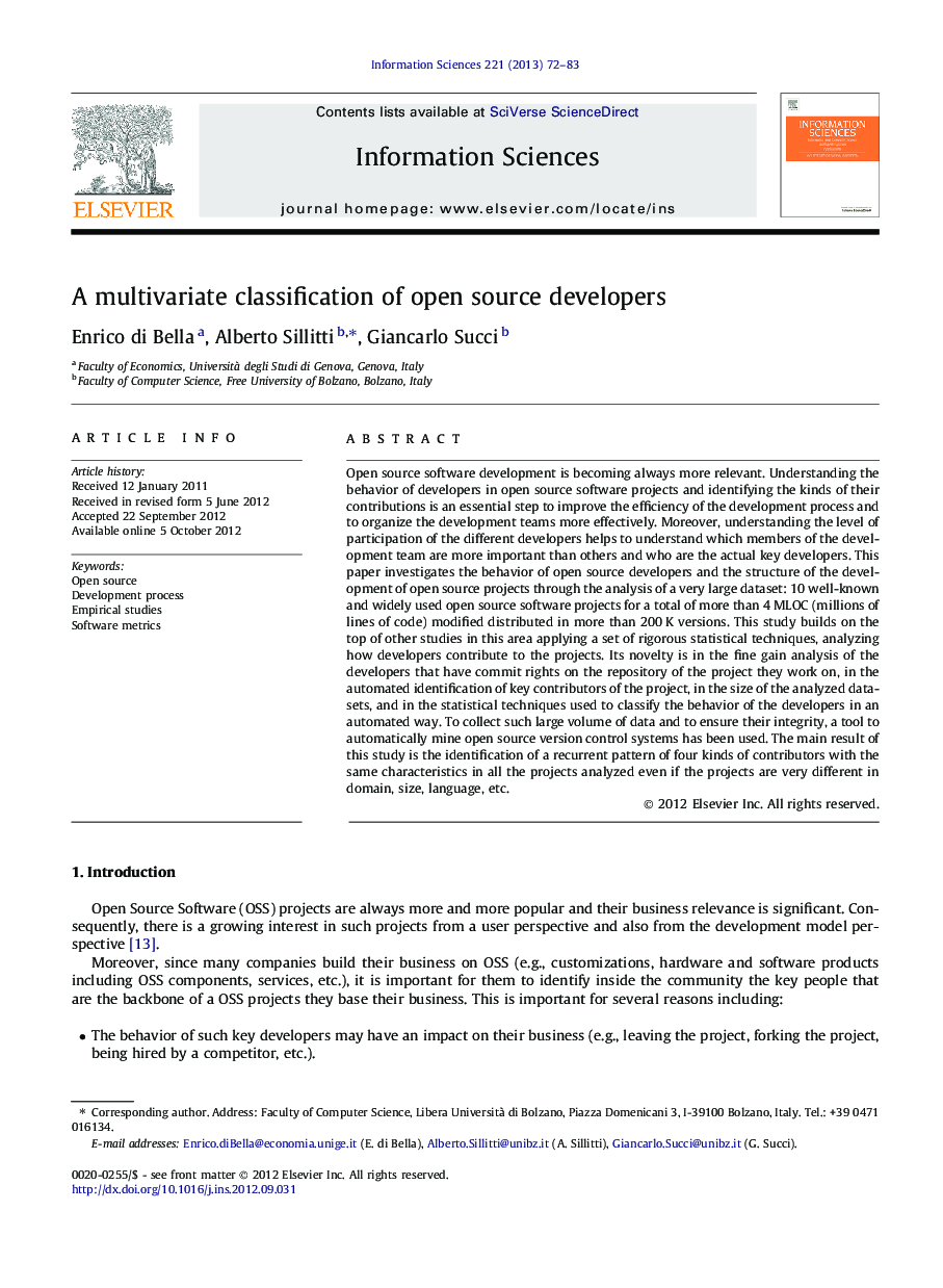 A multivariate classification of open source developers