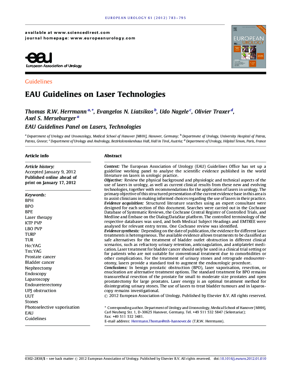 EAU Guidelines on Laser Technologies