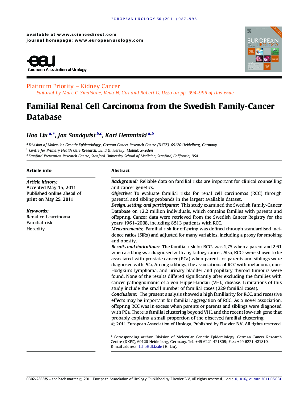 Familial Renal Cell Carcinoma from the Swedish Family-Cancer Database
