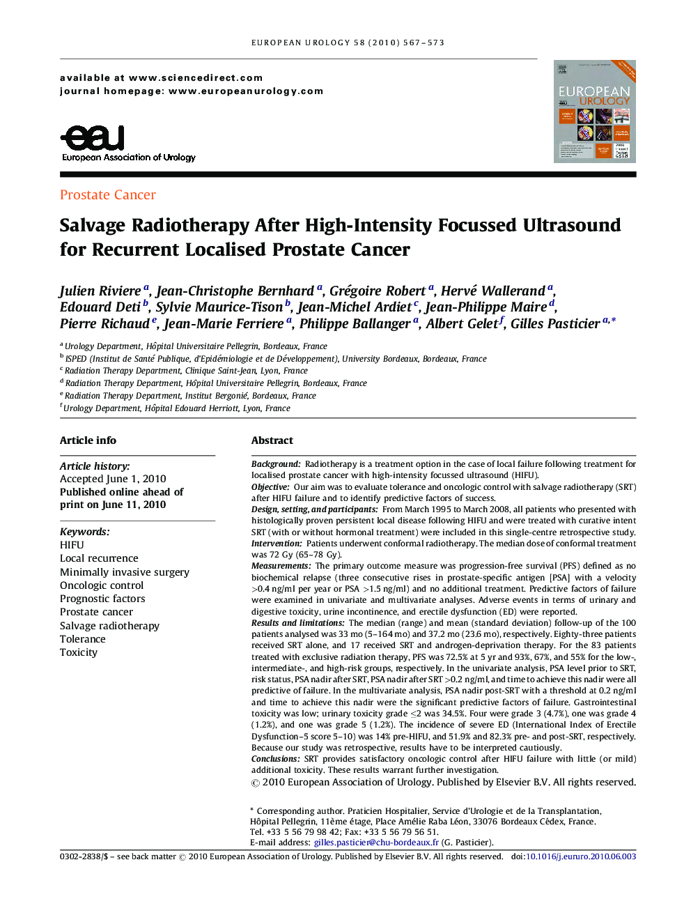Salvage Radiotherapy After High-Intensity Focussed Ultrasound for Recurrent Localised Prostate Cancer