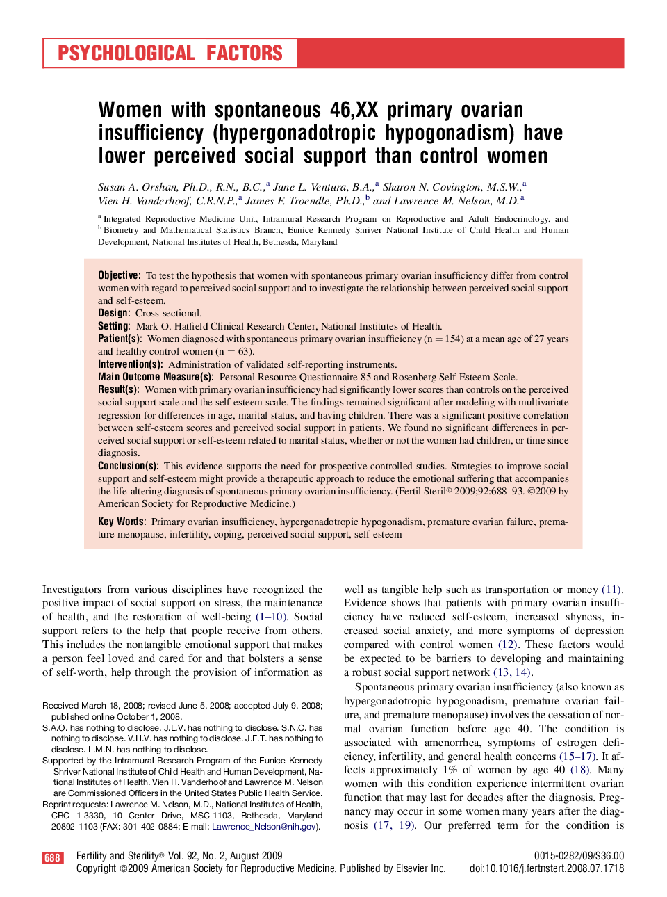 Women with spontaneous 46,XX primary ovarian insufficiency (hypergonadotropic hypogonadism) have lower perceived social support than control women 