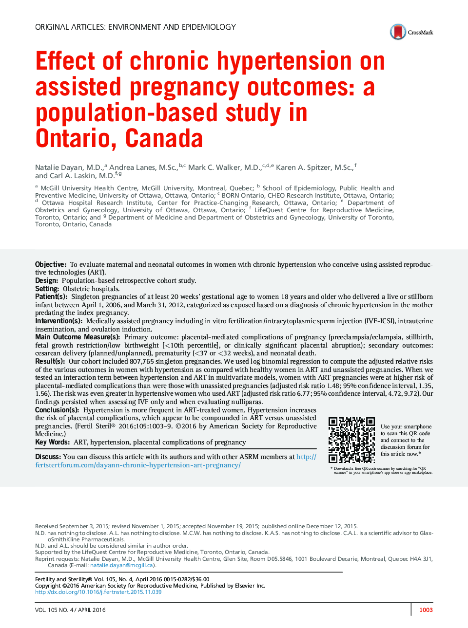 اثر فشار خون مزمن بر نتایج حاملگی کمکی: مطالعه مبتنی بر جمعیت در انتاریو، کانادا