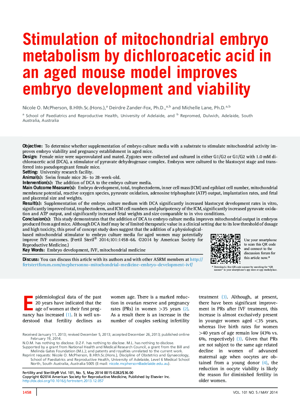 تحریک متابولیسم جنینی میتوکندری توسط اسید دیکلوئوتساکیتیک در مدل موش سالمی، رشد جنین و زنده ماندن را بهبود می بخشد 
