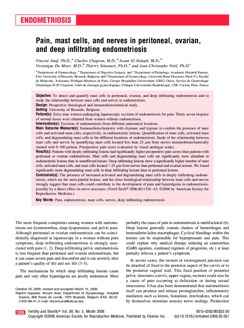 Pain, mast cells, and nerves in peritoneal, ovarian, and deep infiltrating endometriosis