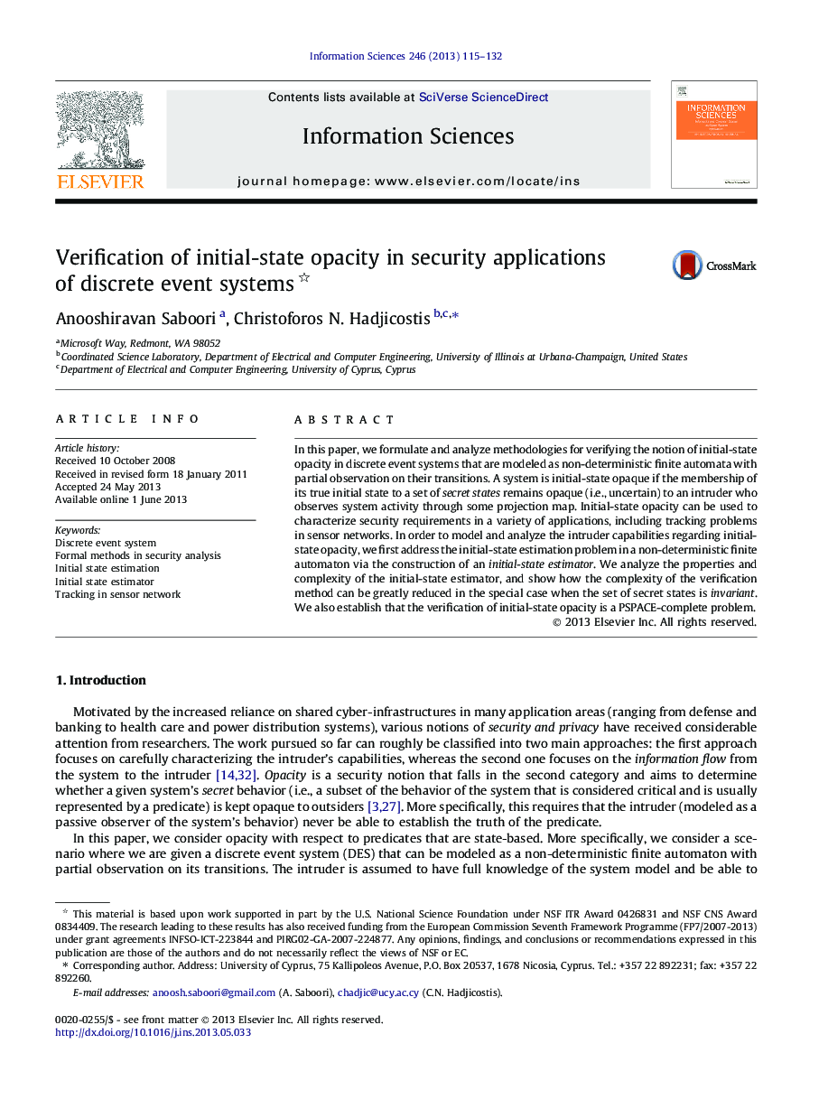 Verification of initial-state opacity in security applications of discrete event systems 