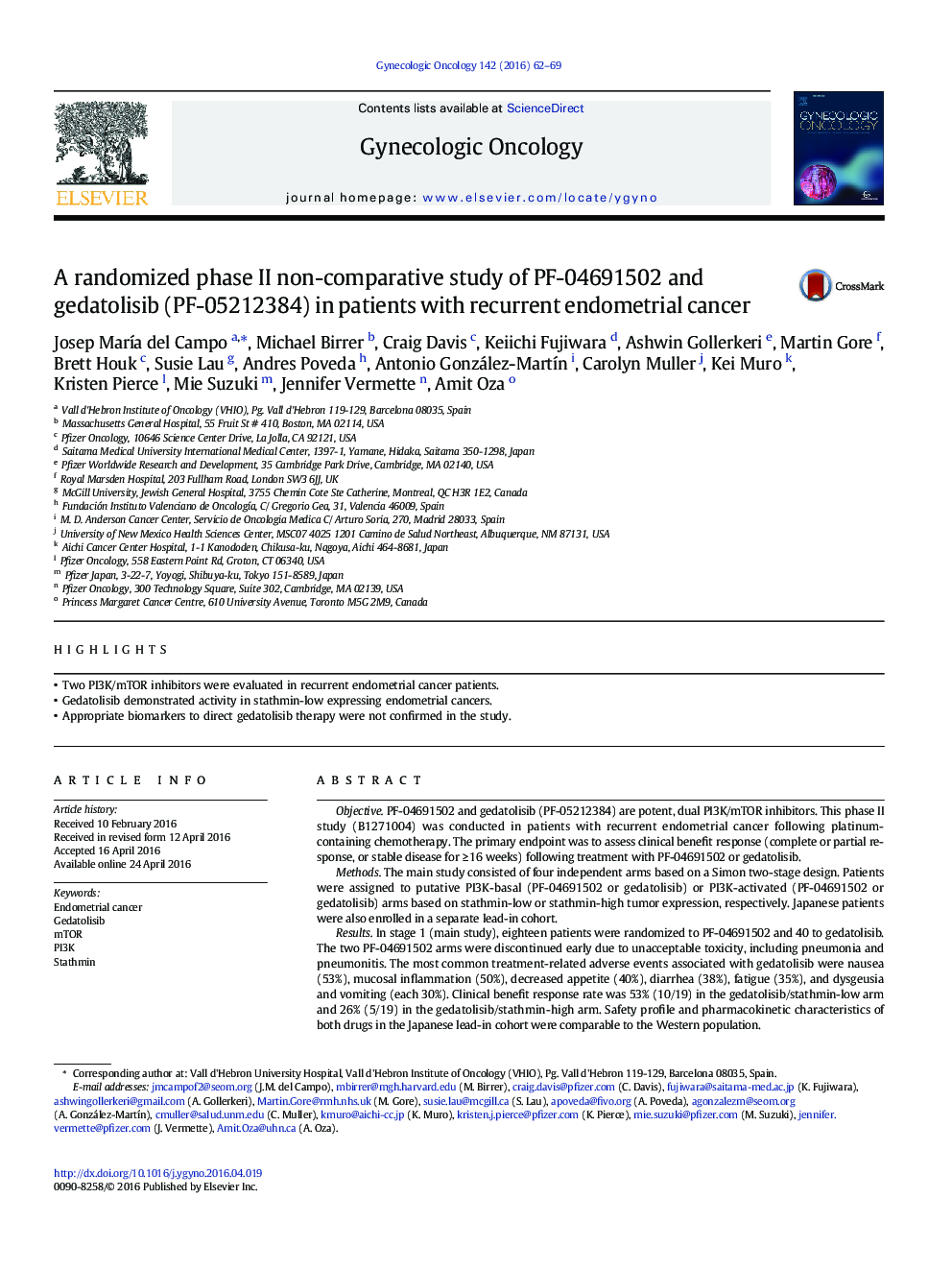 A randomized phase II non-comparative study of PF-04691502 and gedatolisib (PF-05212384) in patients with recurrent endometrial cancer 