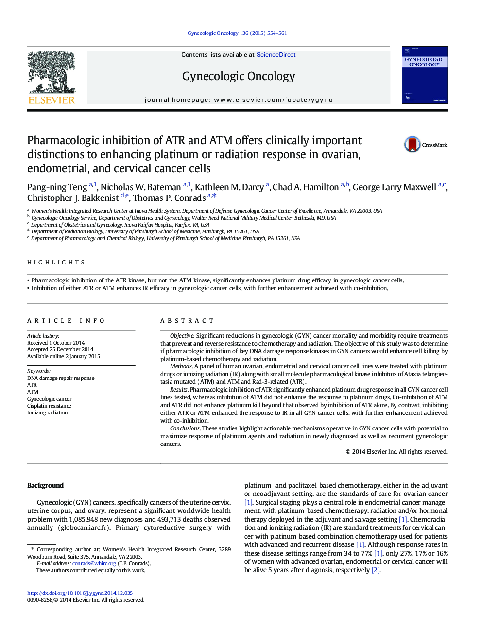 Pharmacologic inhibition of ATR and ATM offers clinically important distinctions to enhancing platinum or radiation response in ovarian, endometrial, and cervical cancer cells