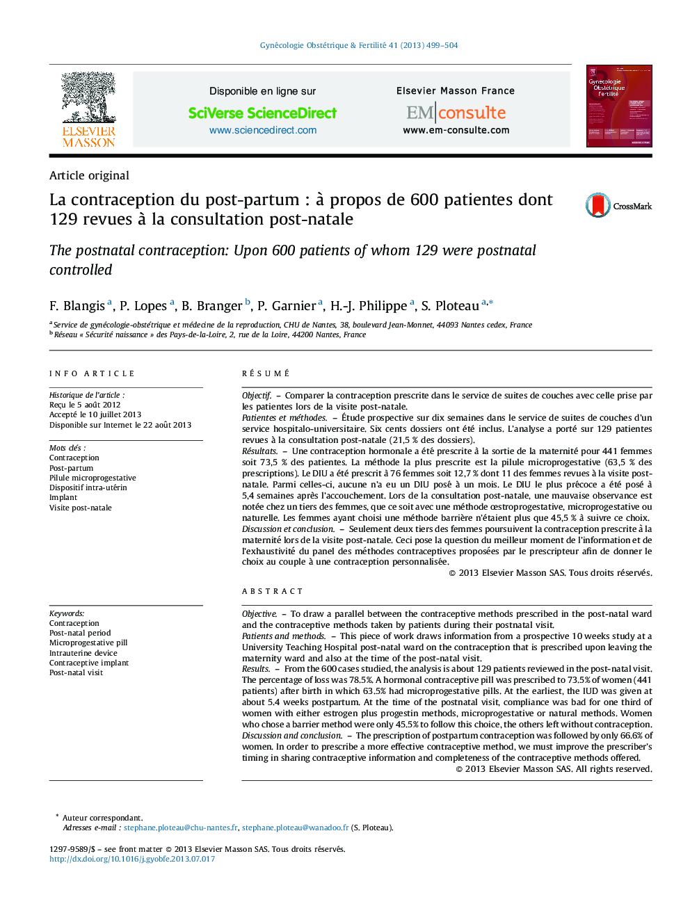 La contraception du post-partum : à propos de 600 patientes dont 129 revues à la consultation post-natale