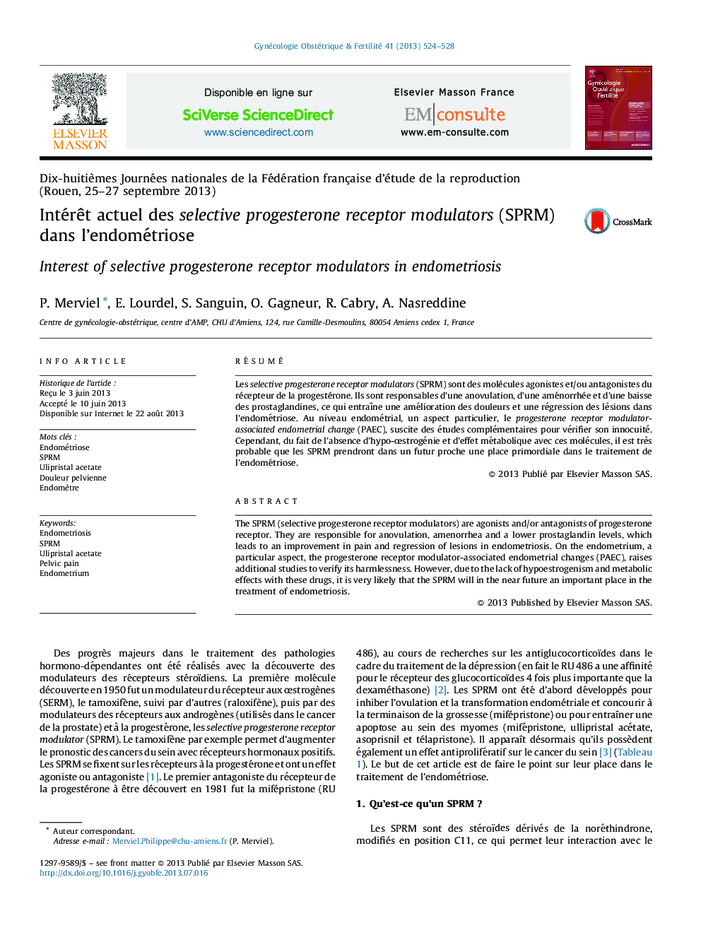 Intérêt actuel des selective progesterone receptor modulators (SPRM) dans l’endométriose