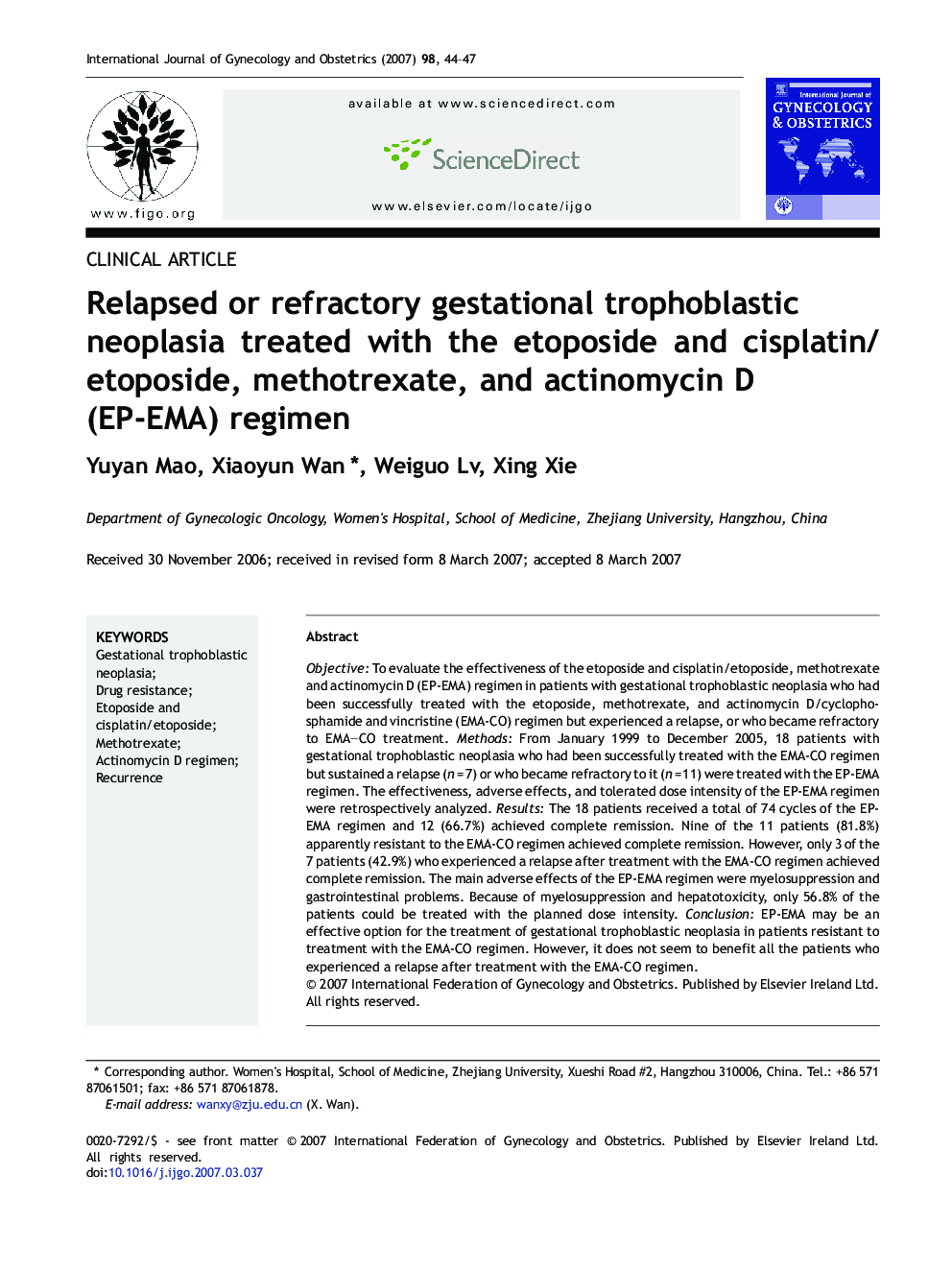 Relapsed or refractory gestational trophoblastic neoplasia treated with the etoposide and cisplatin/etoposide, methotrexate, and actinomycin D (EP-EMA) regimen