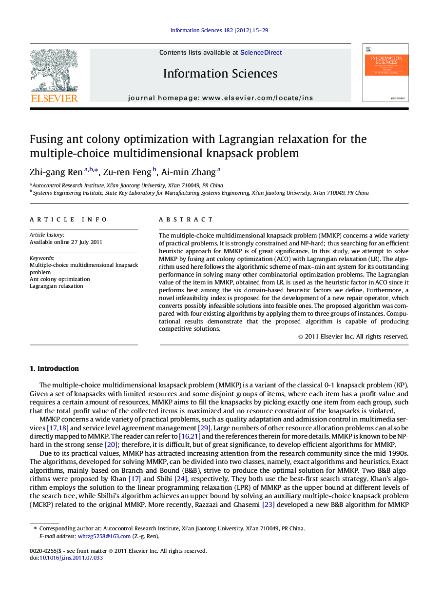 Fusing ant colony optimization with Lagrangian relaxation for the multiple-choice multidimensional knapsack problem
