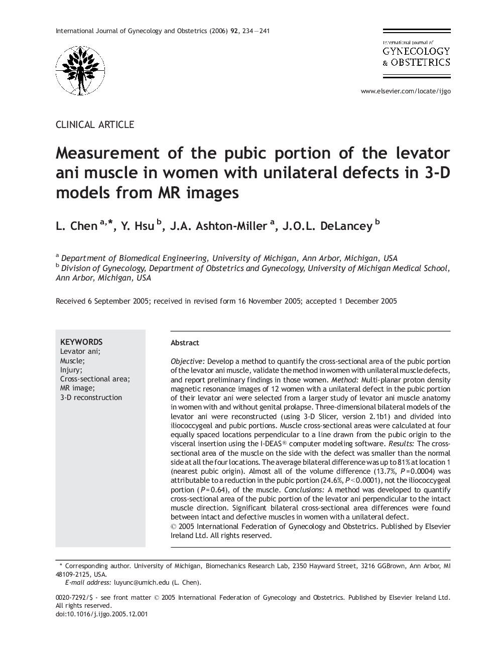Measurement of the pubic portion of the levator ani muscle in women with unilateral defects in 3-D models from MR images