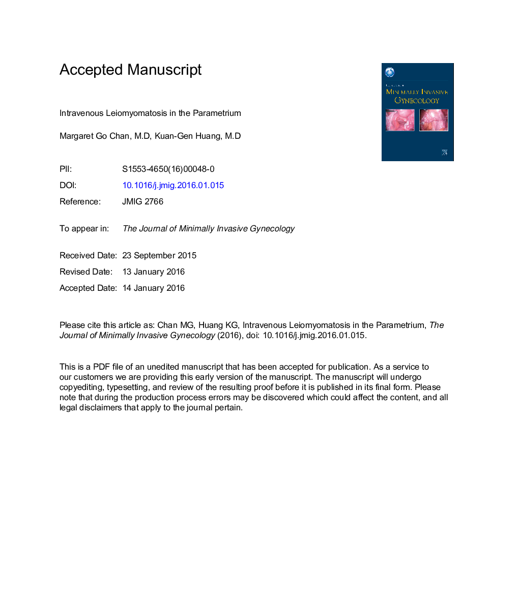 Intravenous Leiomyomatosis in the Parametrium