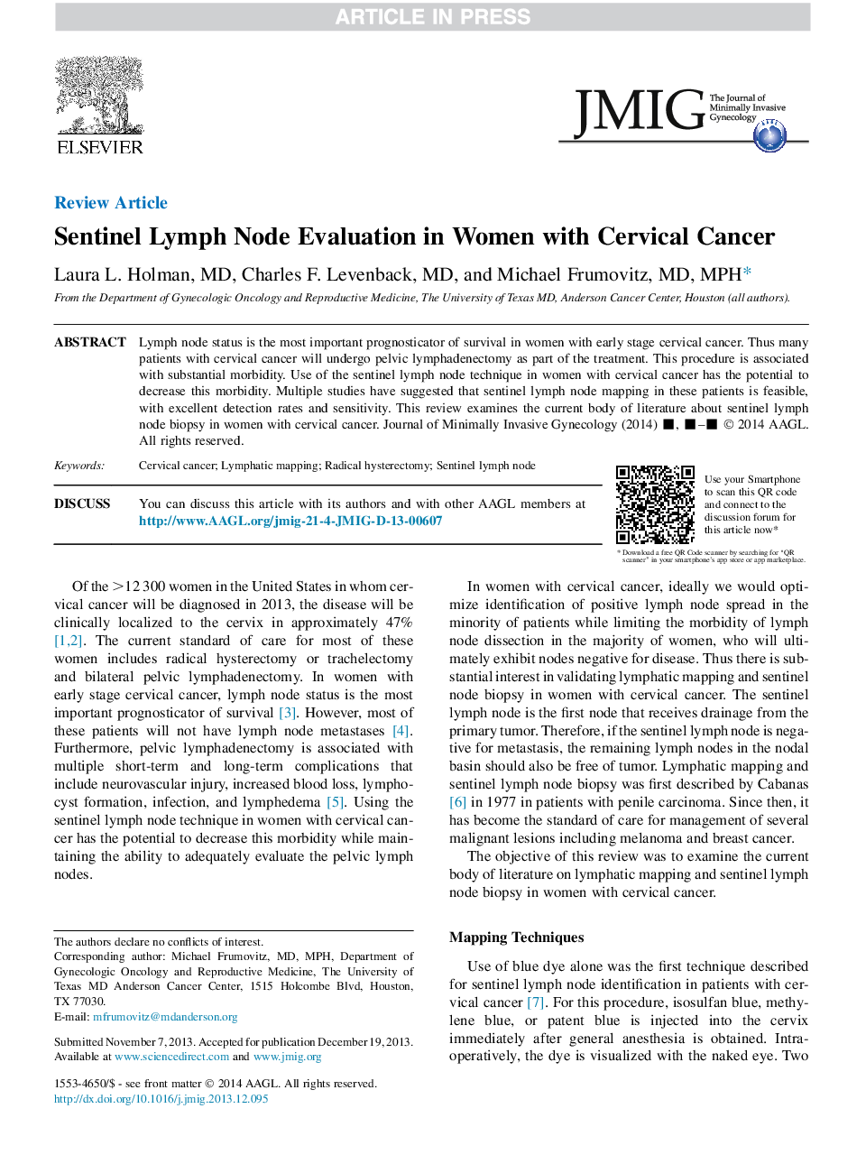 Sentinel Lymph Node Evaluation in Women with Cervical Cancer