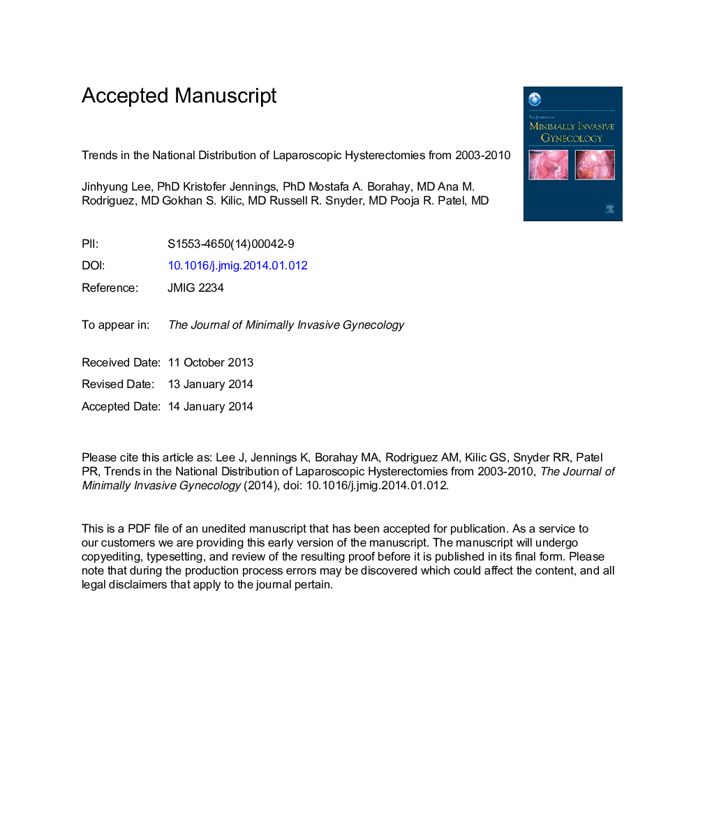روند توزیع ملی هیسترکتومی لاپاروسکوپی از سال 2003 تا 2010 