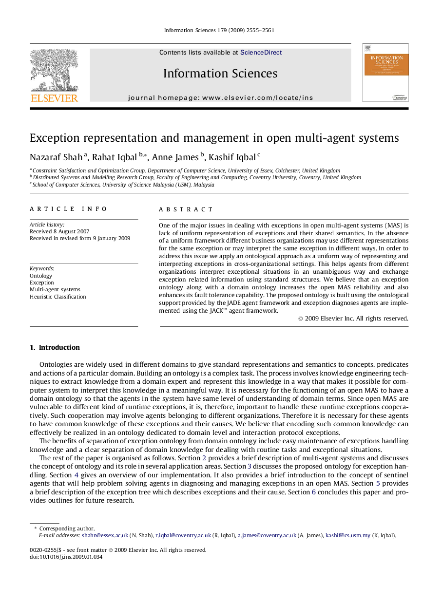 Exception representation and management in open multi-agent systems