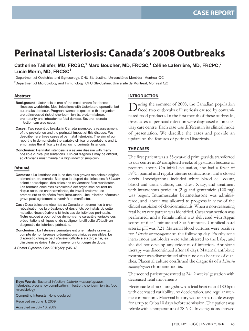 Perinatal Listeriosis: Canada's 2008 Outbreaks