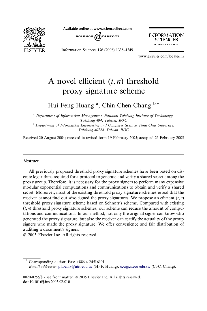 A novel efficient (t, n) threshold proxy signature scheme