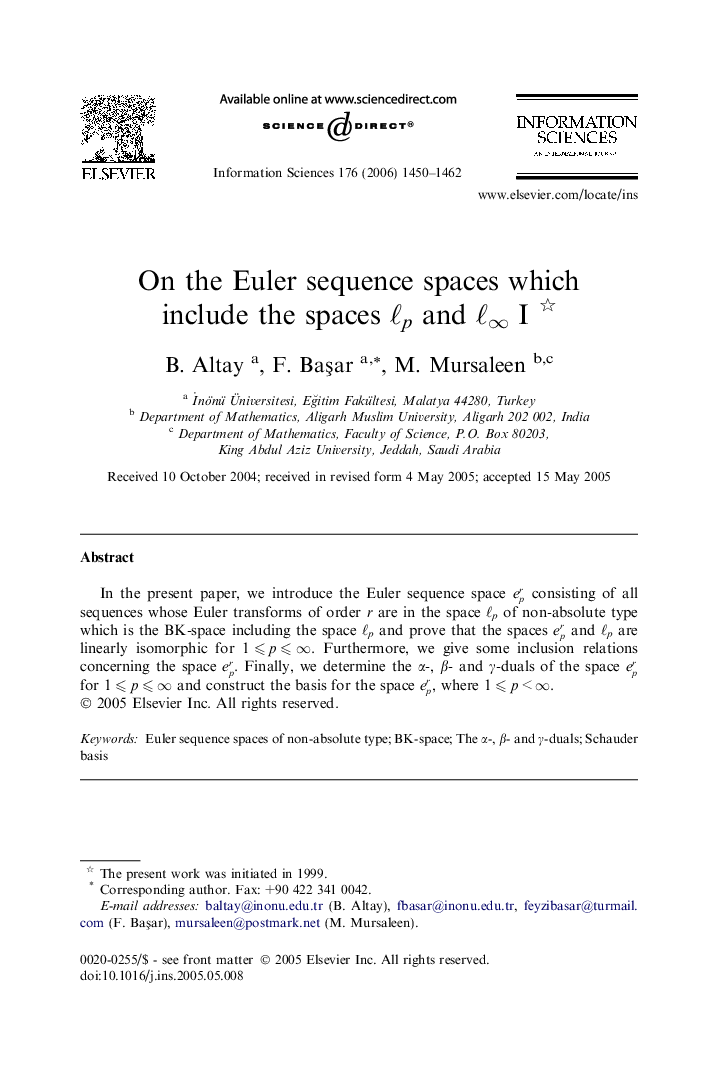 On the Euler sequence spaces which include the spaces ℓp and ℓ∞ I 