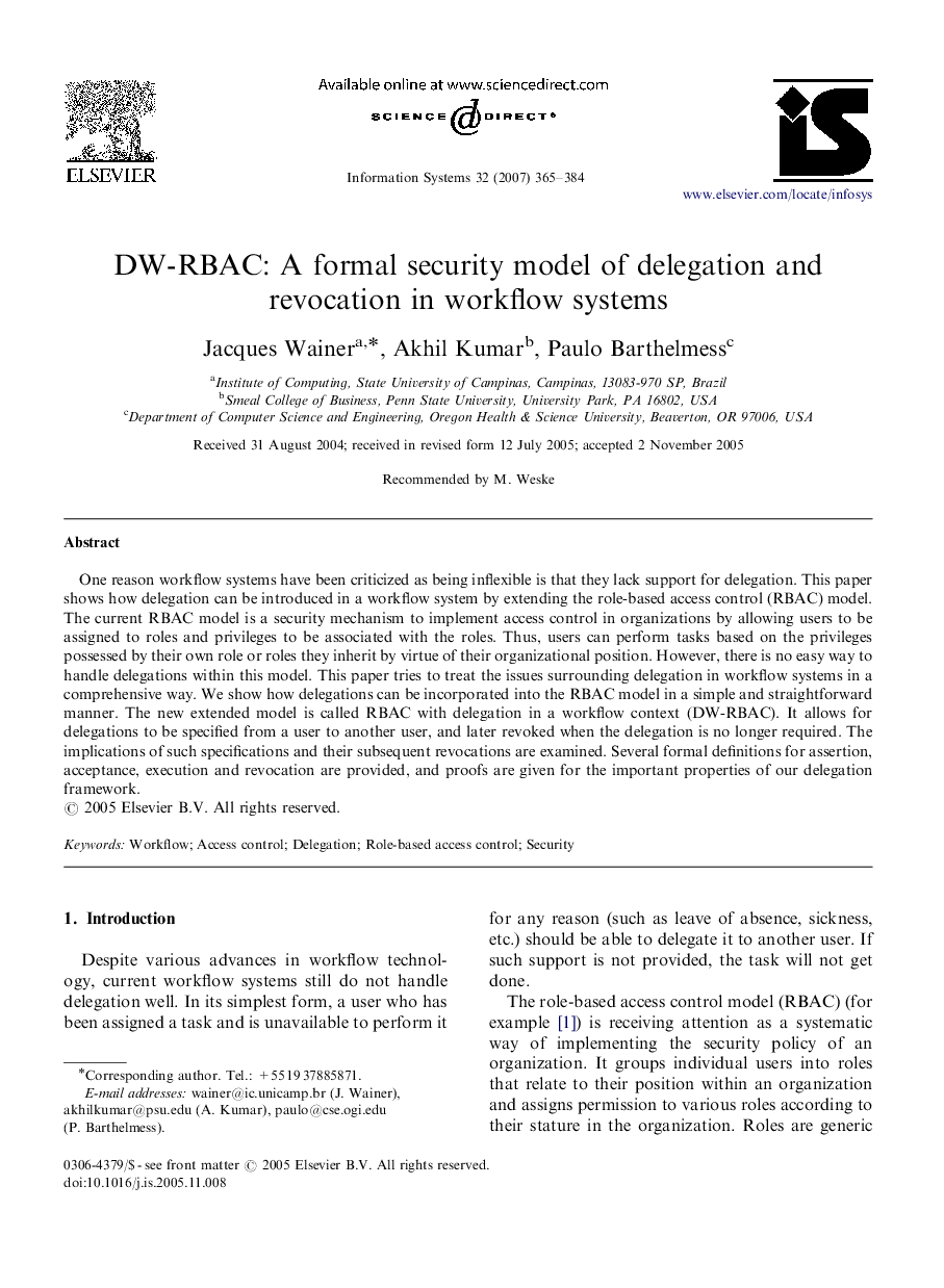 DW-RBAC: A formal security model of delegation and revocation in workflow systems