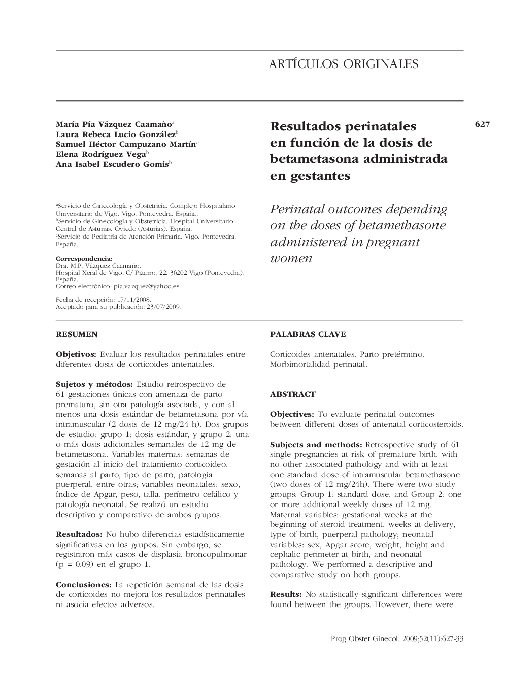 Resultados perinatales en función de la dosis de betametasona administrada en gestantes