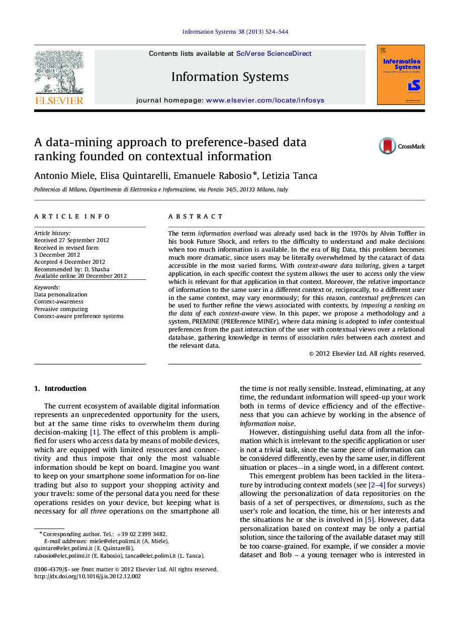 A data-mining approach to preference-based data ranking founded on contextual information