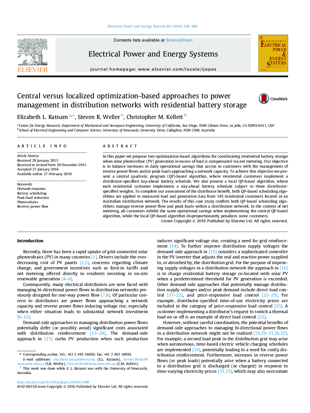 رویکرد مبتنی بر بهینه سازی مرکزی در مقابل مدیریت قدرت در شبکه های توزیع با ذخیره سازی شبکه های باتری مسکونی 