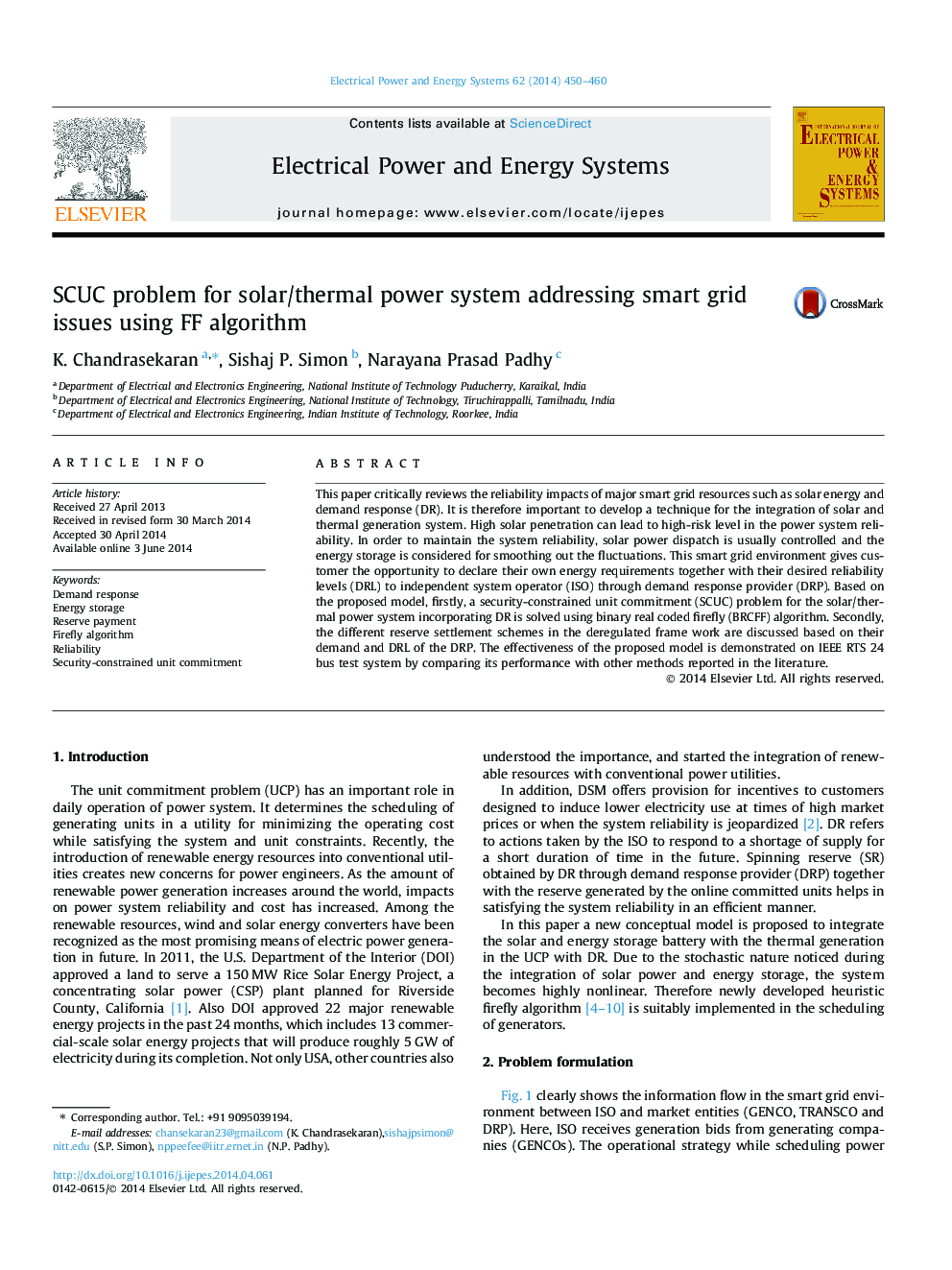 SCUC problem for solar/thermal power system addressing smart grid issues using FF algorithm