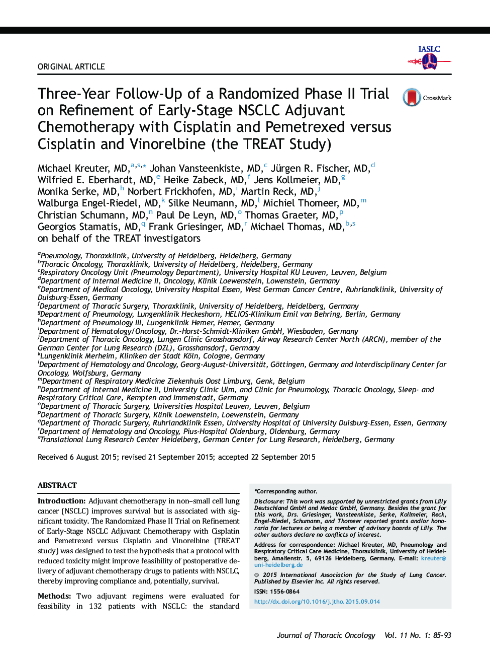 Three-Year Follow-Up of a Randomized Phase II Trial on Refinement of Early-Stage NSCLC Adjuvant Chemotherapy with Cisplatin and Pemetrexed versus Cisplatin and Vinorelbine (the TREAT Study) 