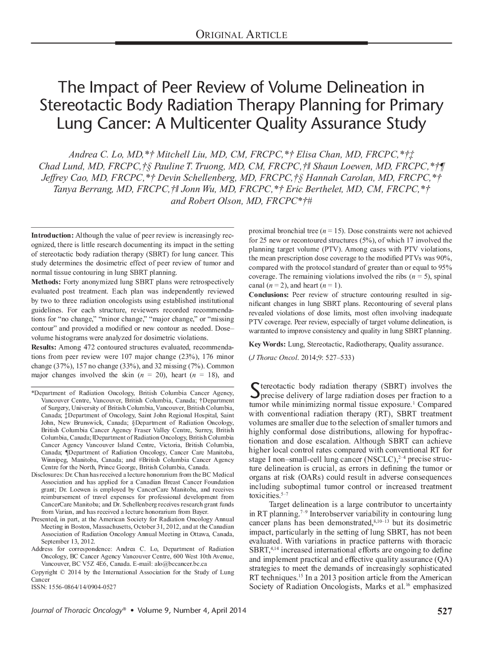 The Impact of Peer Review of Volume Delineation in Stereotactic Body Radiation Therapy Planning for Primary Lung Cancer: A Multicenter Quality Assurance Study 