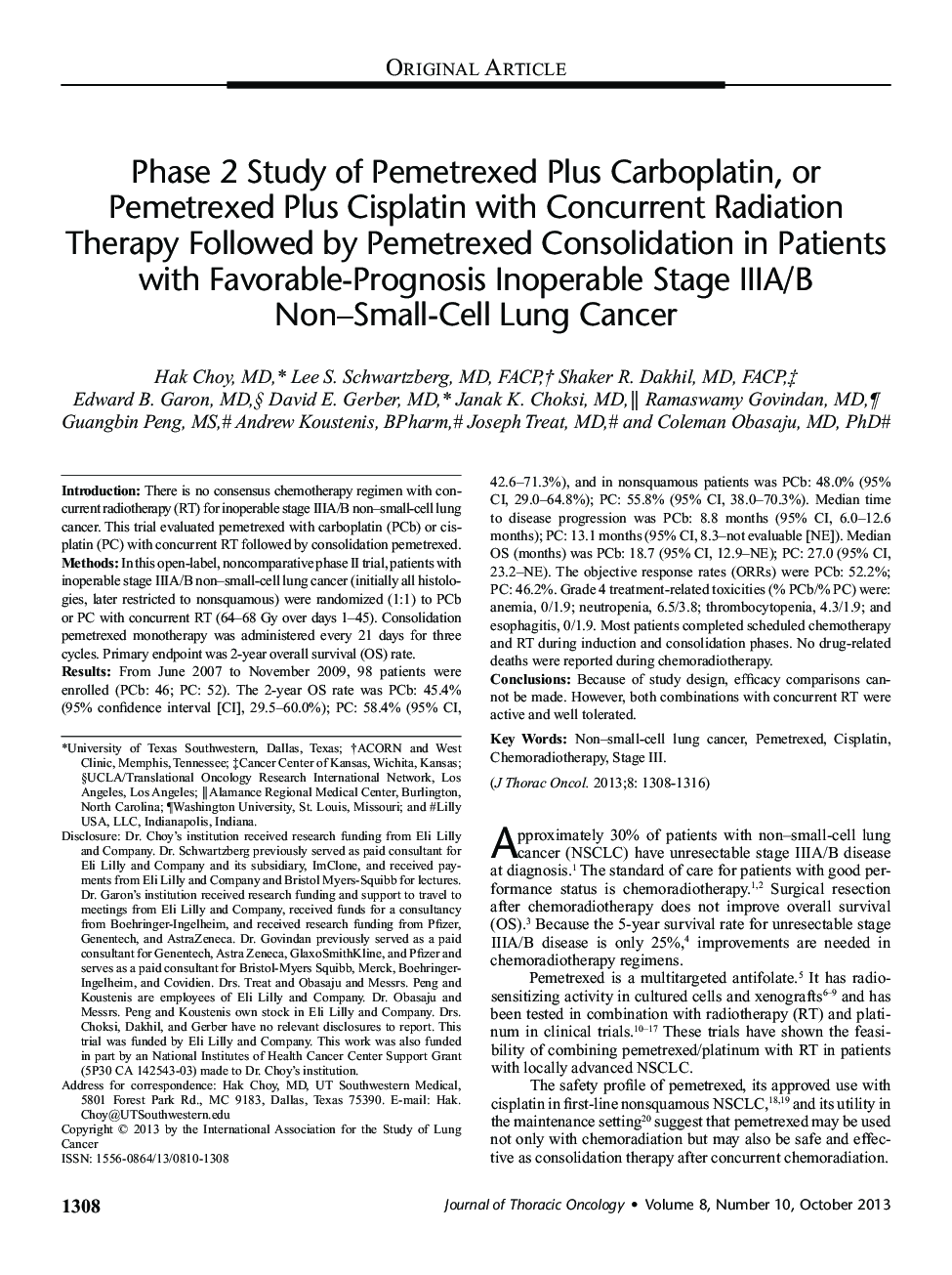 Phase 2 Study of Pemetrexed Plus Carboplatin, or Pemetrexed Plus Cisplatin with Concurrent Radiation Therapy Followed by Pemetrexed Consolidation in Patients with Favorable-Prognosis Inoperable Stage IIIA/B Non–Small-Cell Lung Cancer 