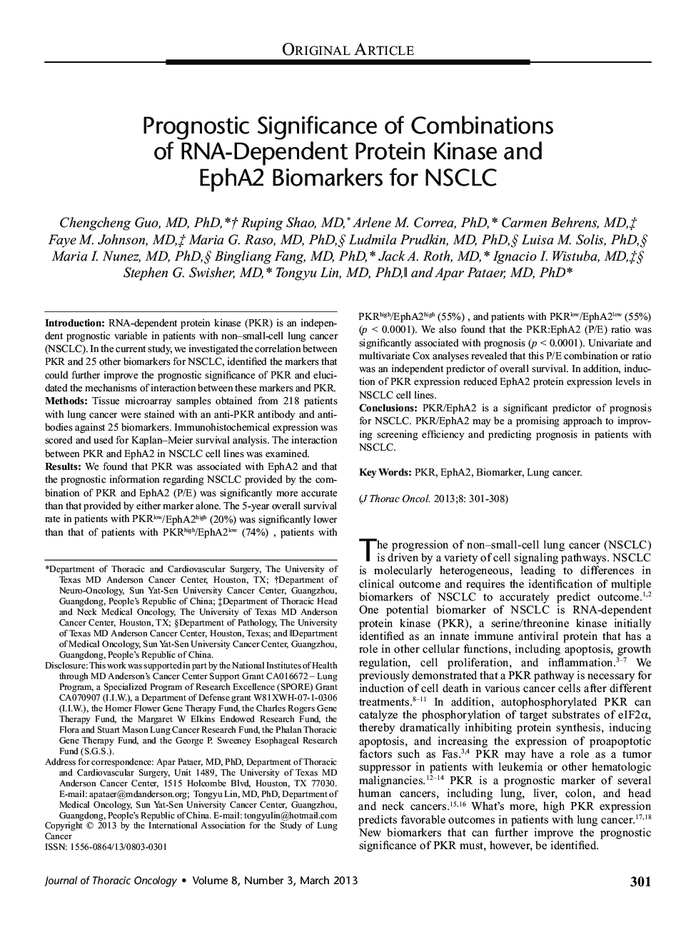 Prognostic Significance of Combinations of RNA-Dependent Protein Kinase and EphA2 Biomarkers for NSCLC 