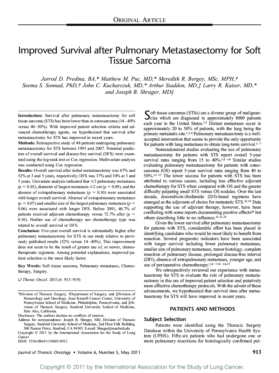 Improved Survival after Pulmonary Metastasectomy for Soft Tissue Sarcoma 