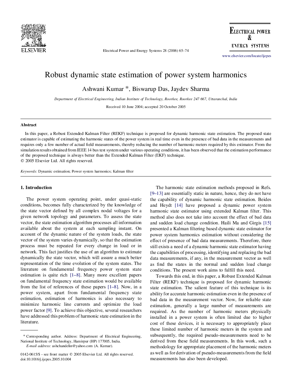 Robust dynamic state estimation of power system harmonics