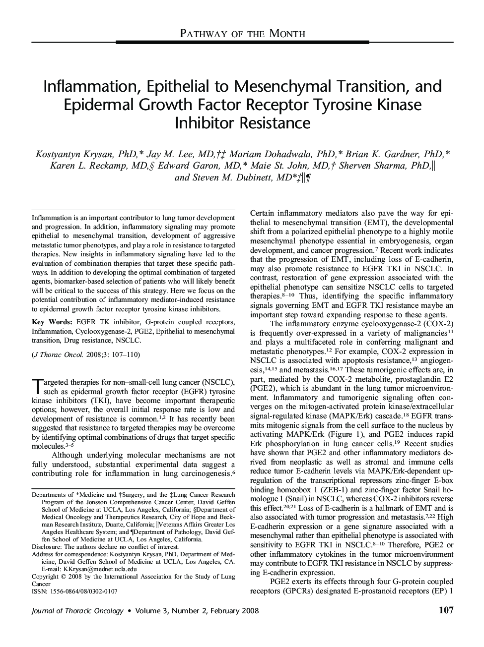 Inflammation, Epithelial to Mesenchymal Transition, and Epidermal Growth Factor Receptor Tyrosine Kinase Inhibitor Resistance 