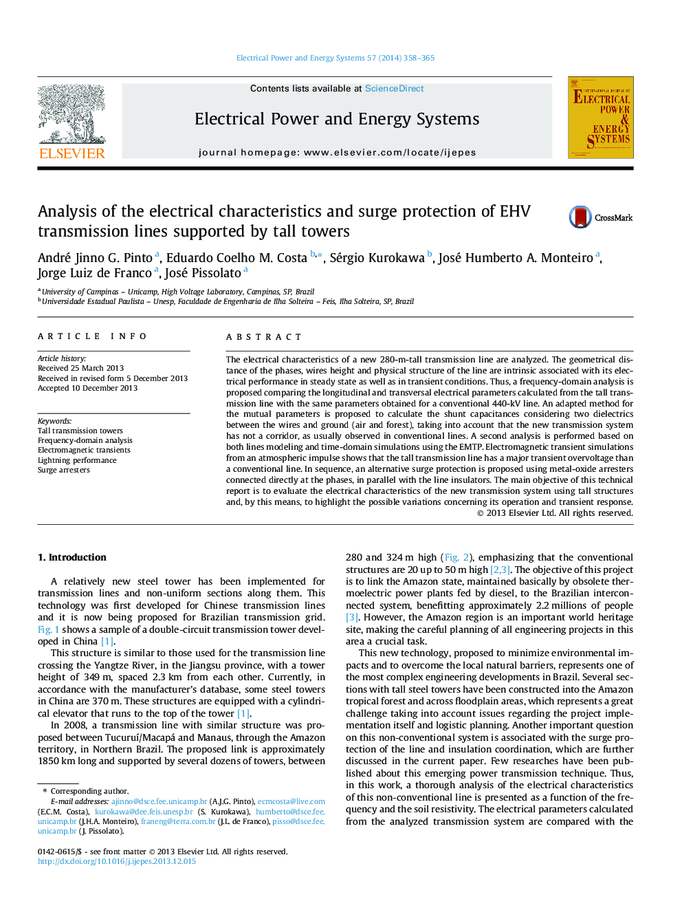 Analysis of the electrical characteristics and surge protection of EHV transmission lines supported by tall towers