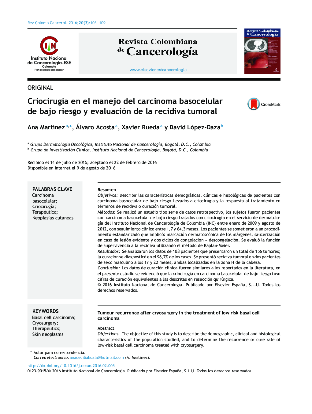 CriocirugÃ­a en el manejo del carcinoma basocelular de bajo riesgo y evaluación de la recidiva tumoral