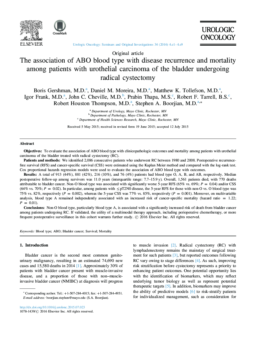 The association of ABO blood type with disease recurrence and mortality among patients with urothelial carcinoma of the bladder undergoing radical cystectomy