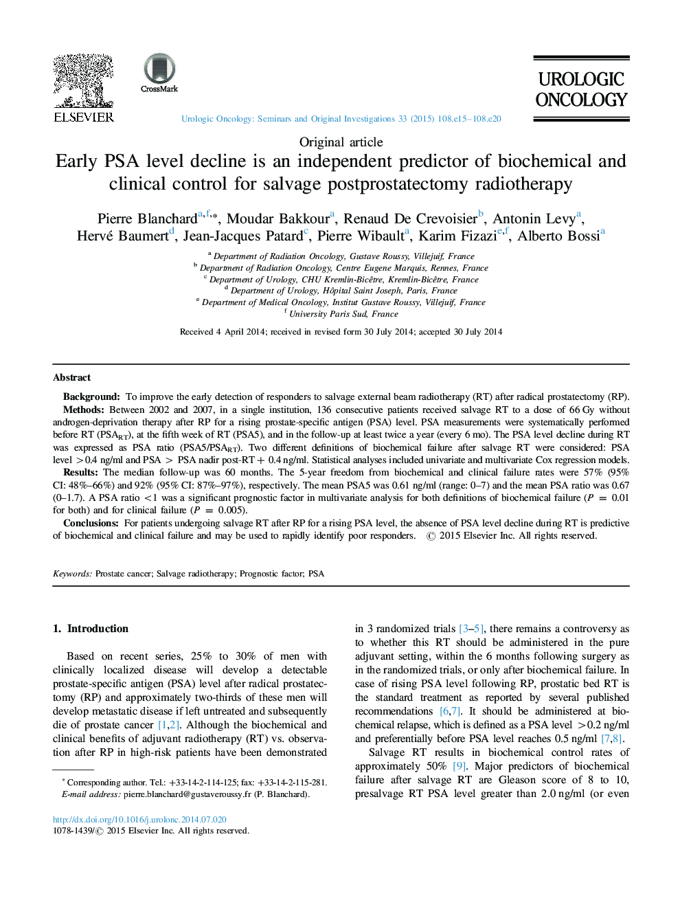 Early PSA level decline is an independent predictor of biochemical and clinical control for salvage postprostatectomy radiotherapy