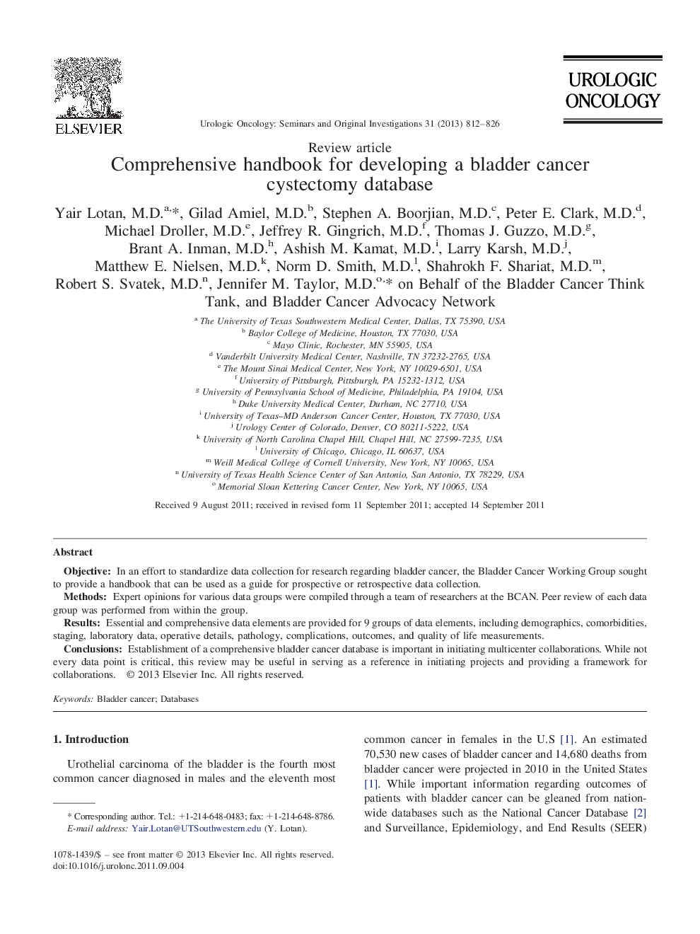 Comprehensive handbook for developing a bladder cancer cystectomy database