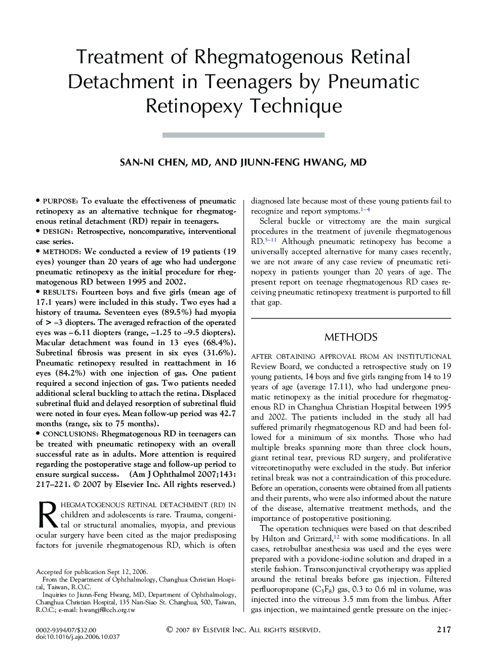 Treatment of Rhegmatogenous Retinal Detachment in Teenagers by Pneumatic Retinopexy Technique