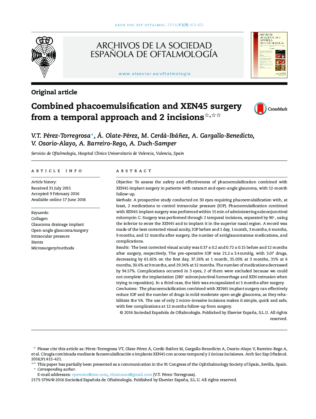 Combined phacoemulsification and XEN45 surgery from a temporal approach and 2 incisions 