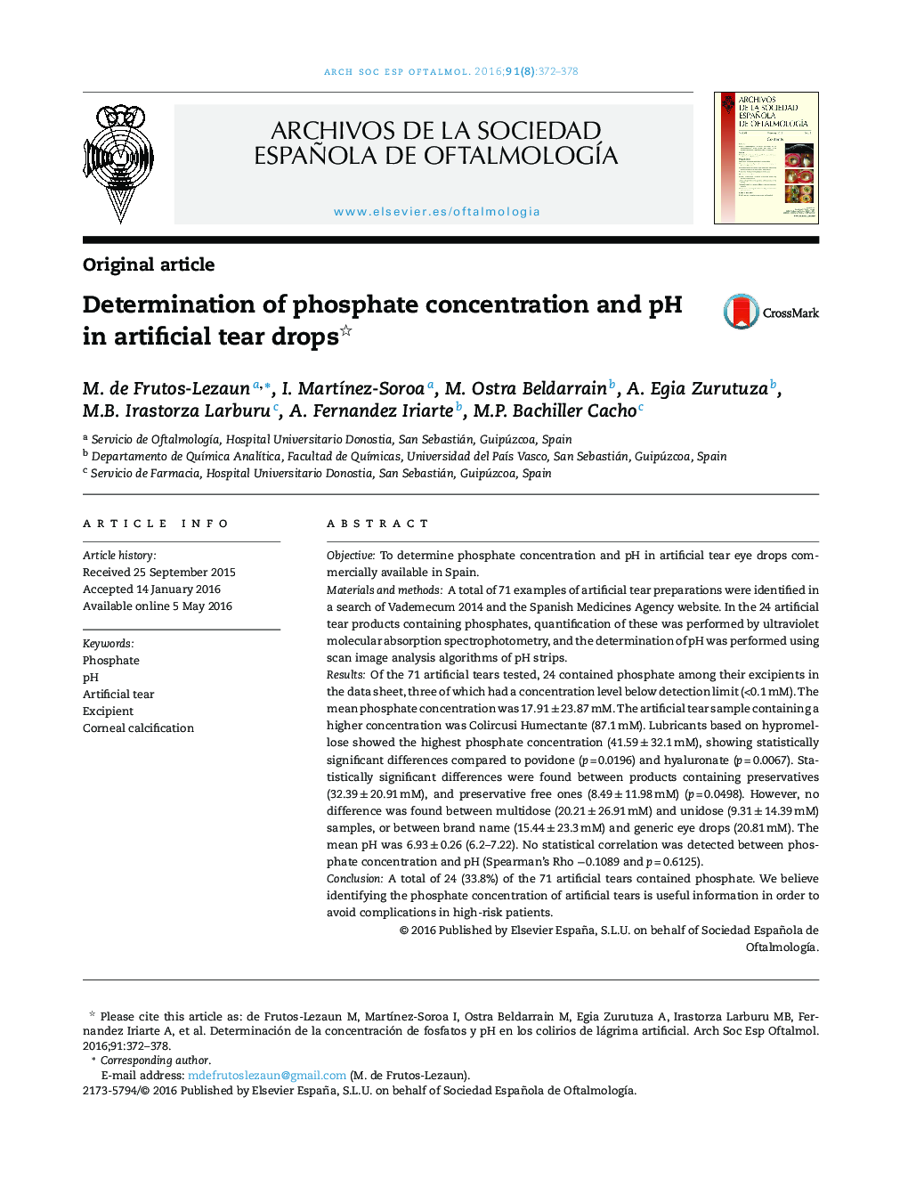 Determination of phosphate concentration and pH in artificial tear drops 